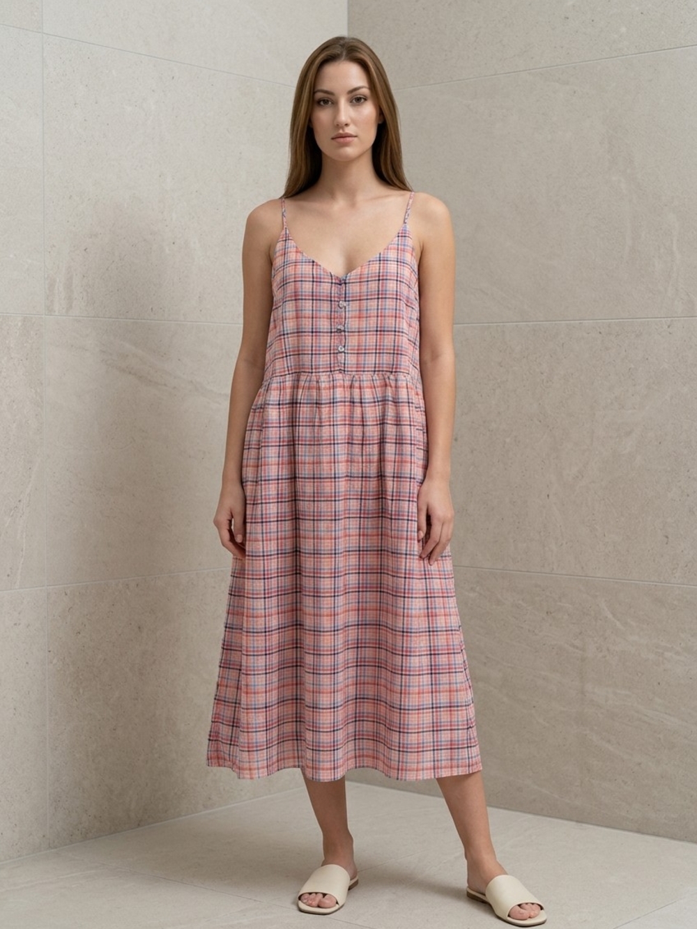 LOFT Pink Plaid Button-Front Midi Dress